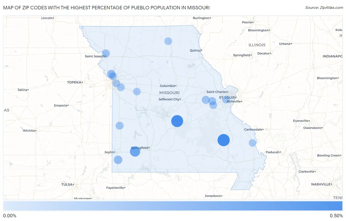 Zip Codes with the Highest Percentage of Pueblo Population in Missouri Map