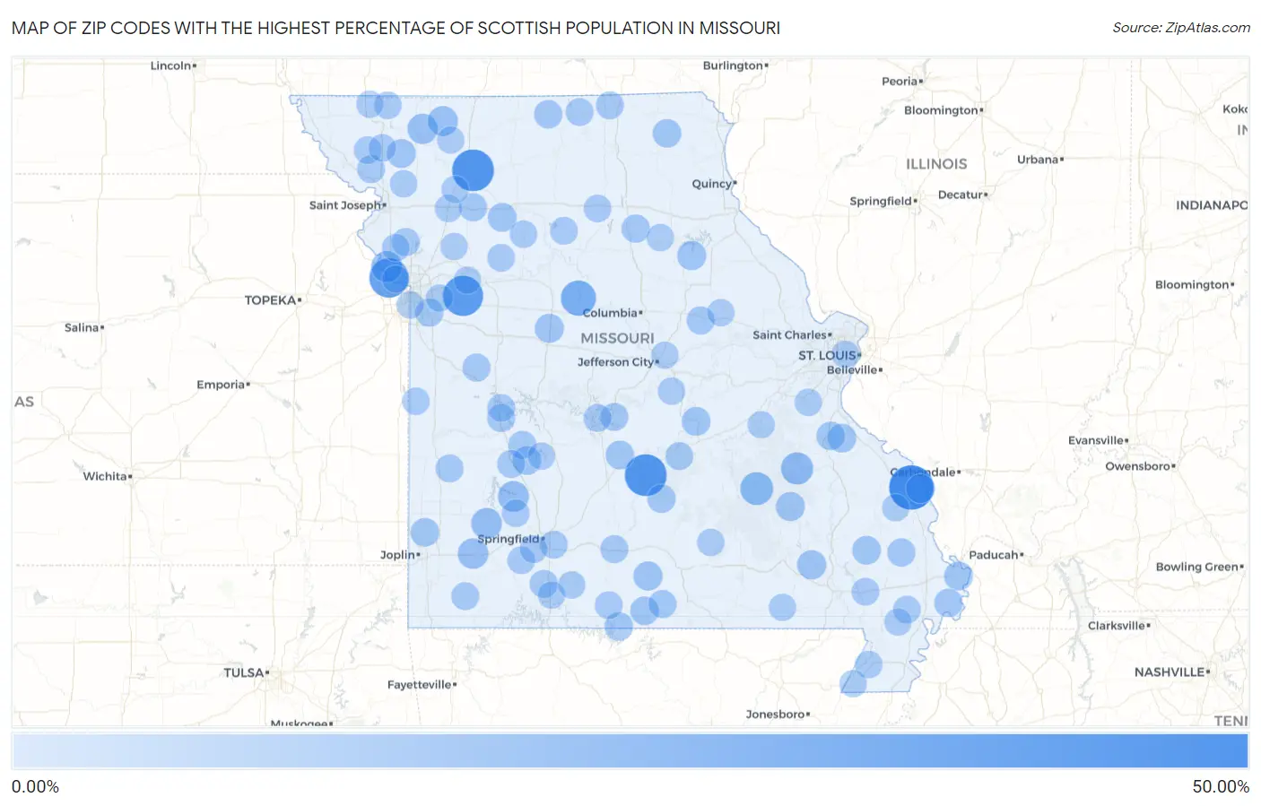 Zip Codes with the Highest Percentage of Scottish Population in Missouri Map