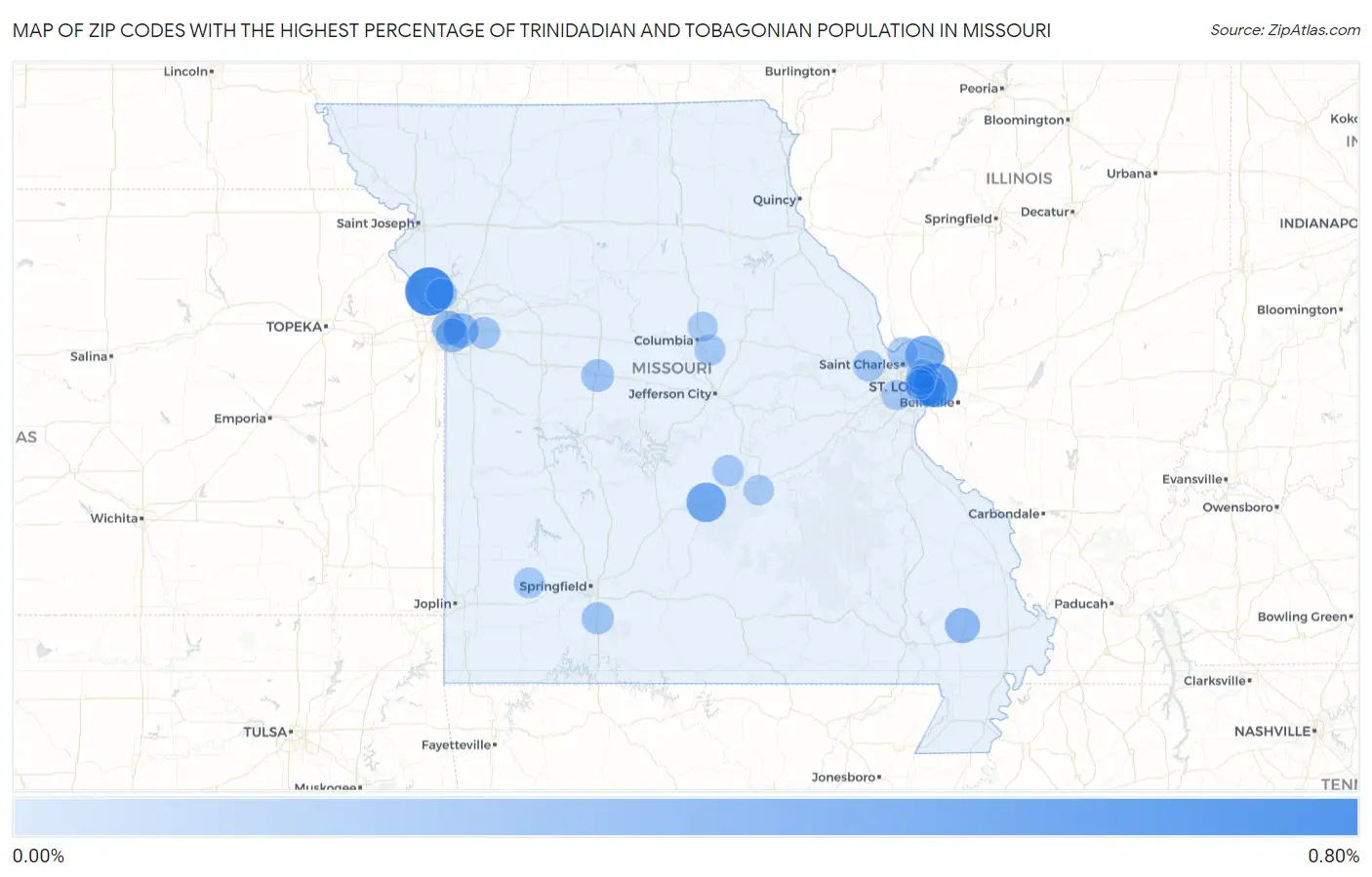 Zip Codes with the Highest Percentage of Trinidadian and Tobagonian Population in Missouri Map
