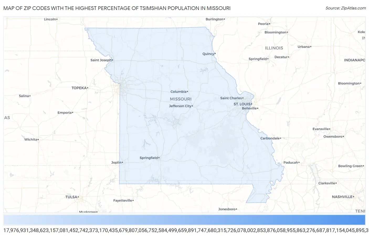 Zip Codes with the Highest Percentage of Tsimshian Population in Missouri Map