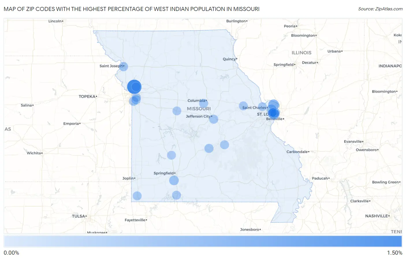 Zip Codes with the Highest Percentage of West Indian Population in Missouri Map