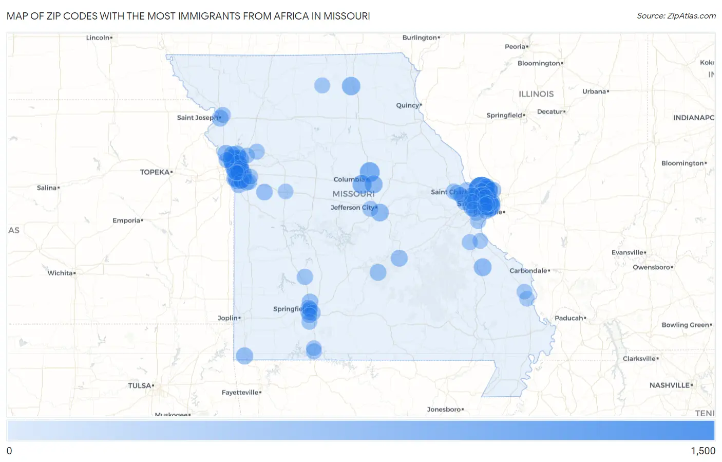 Zip Codes with the Most Immigrants from Africa in Missouri Map