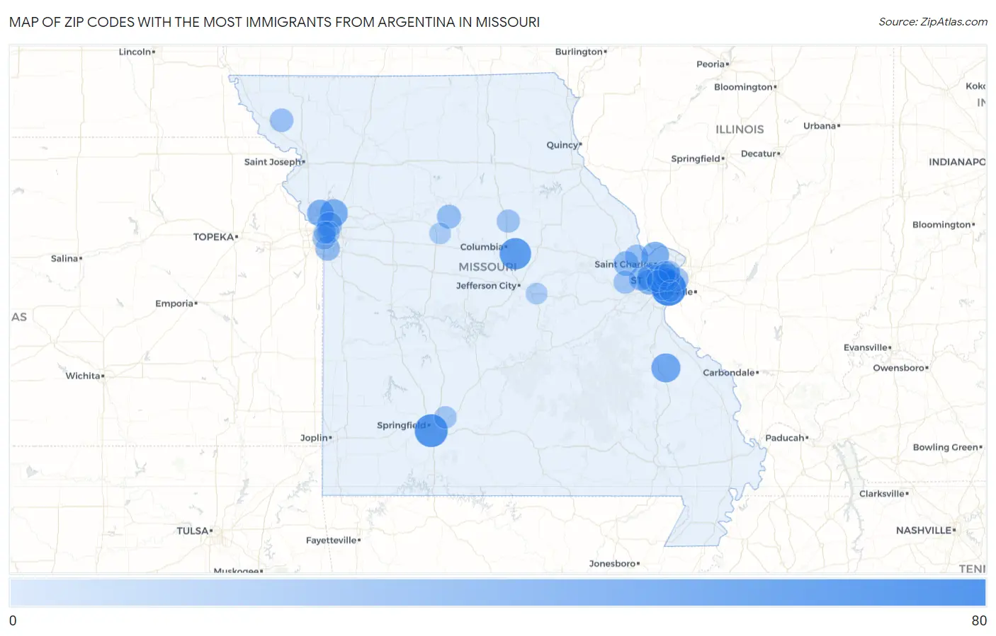 Zip Codes with the Most Immigrants from Argentina in Missouri Map