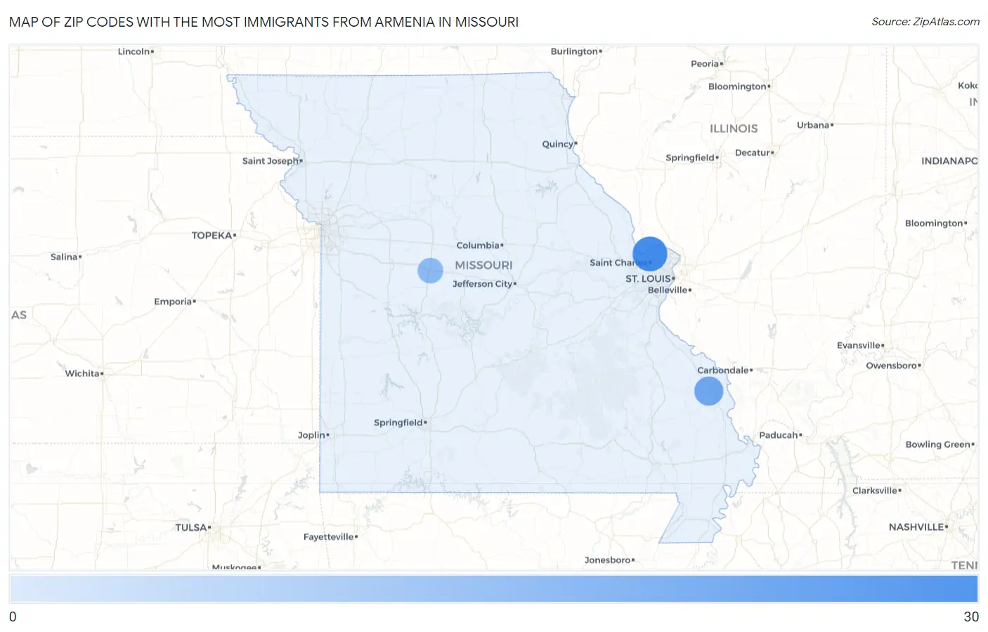 Zip Codes with the Most Immigrants from Armenia in Missouri Map