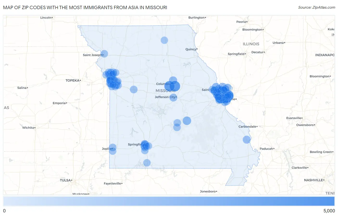 Zip Codes with the Most Immigrants from Asia in Missouri Map