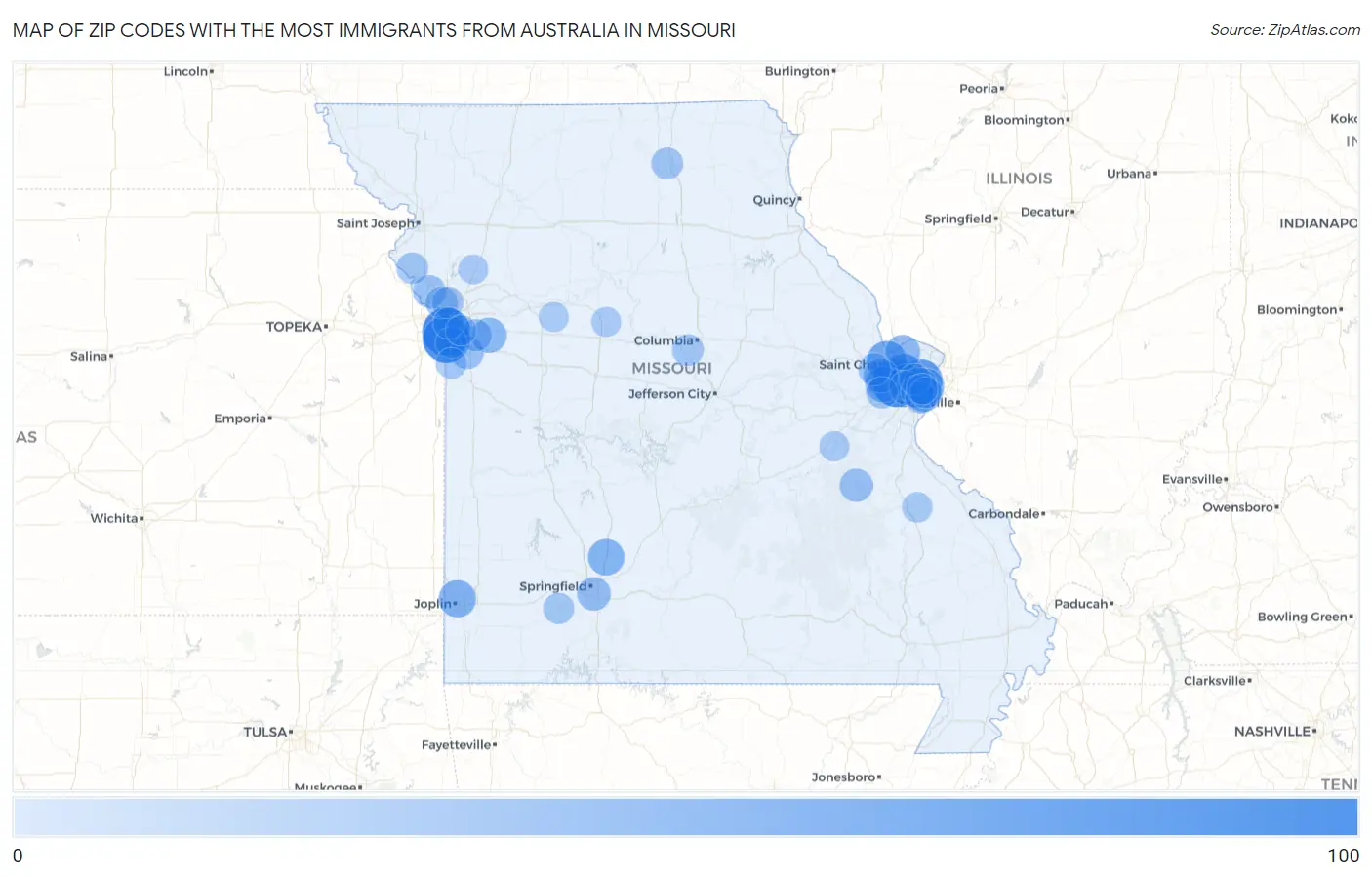 Zip Codes with the Most Immigrants from Australia in Missouri Map