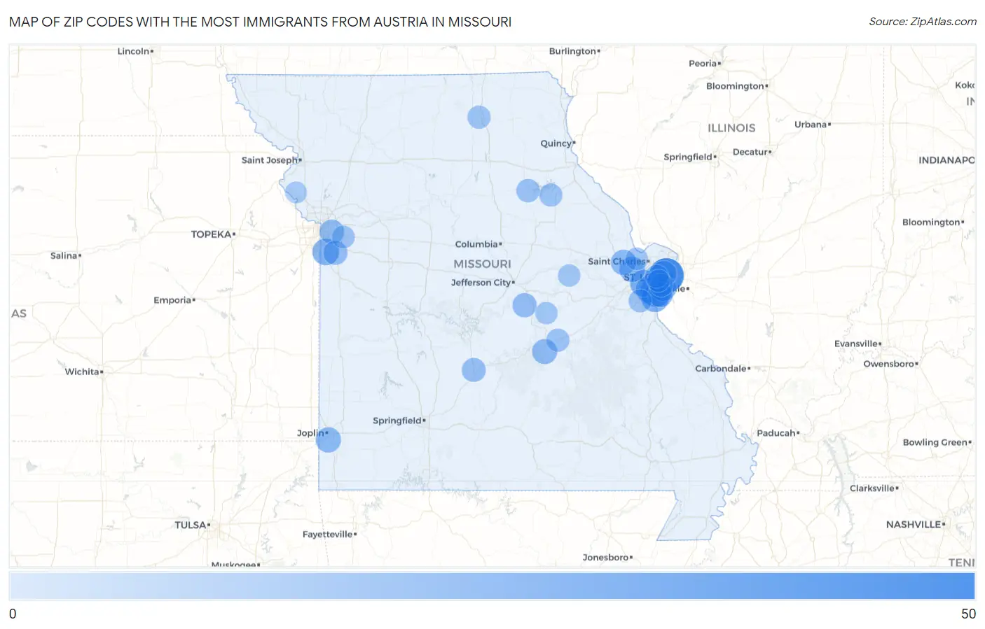 Zip Codes with the Most Immigrants from Austria in Missouri Map