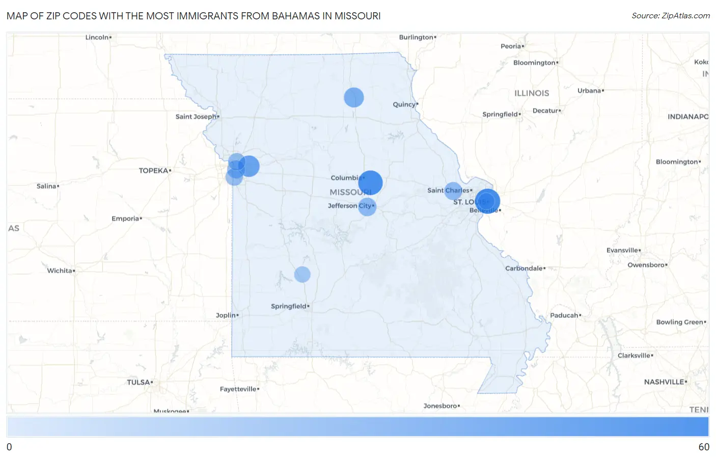 Zip Codes with the Most Immigrants from Bahamas in Missouri Map