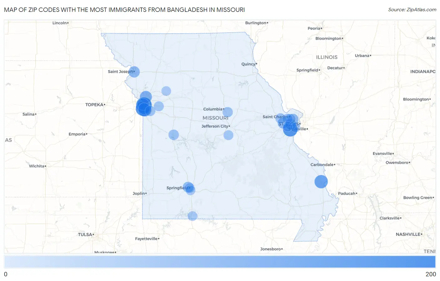 Zip Codes with the Most Immigrants from Bangladesh in Missouri Map