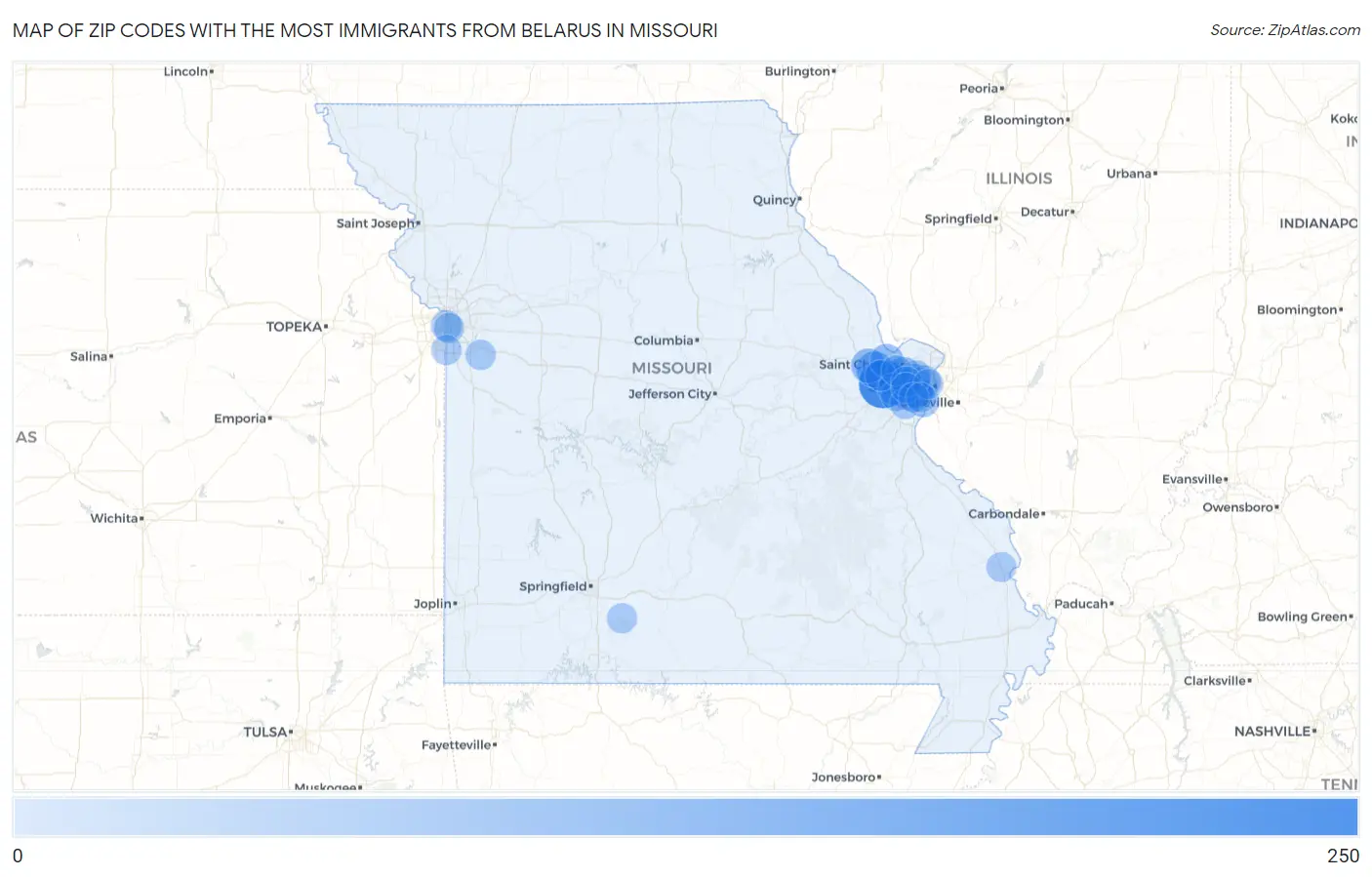 Zip Codes with the Most Immigrants from Belarus in Missouri Map