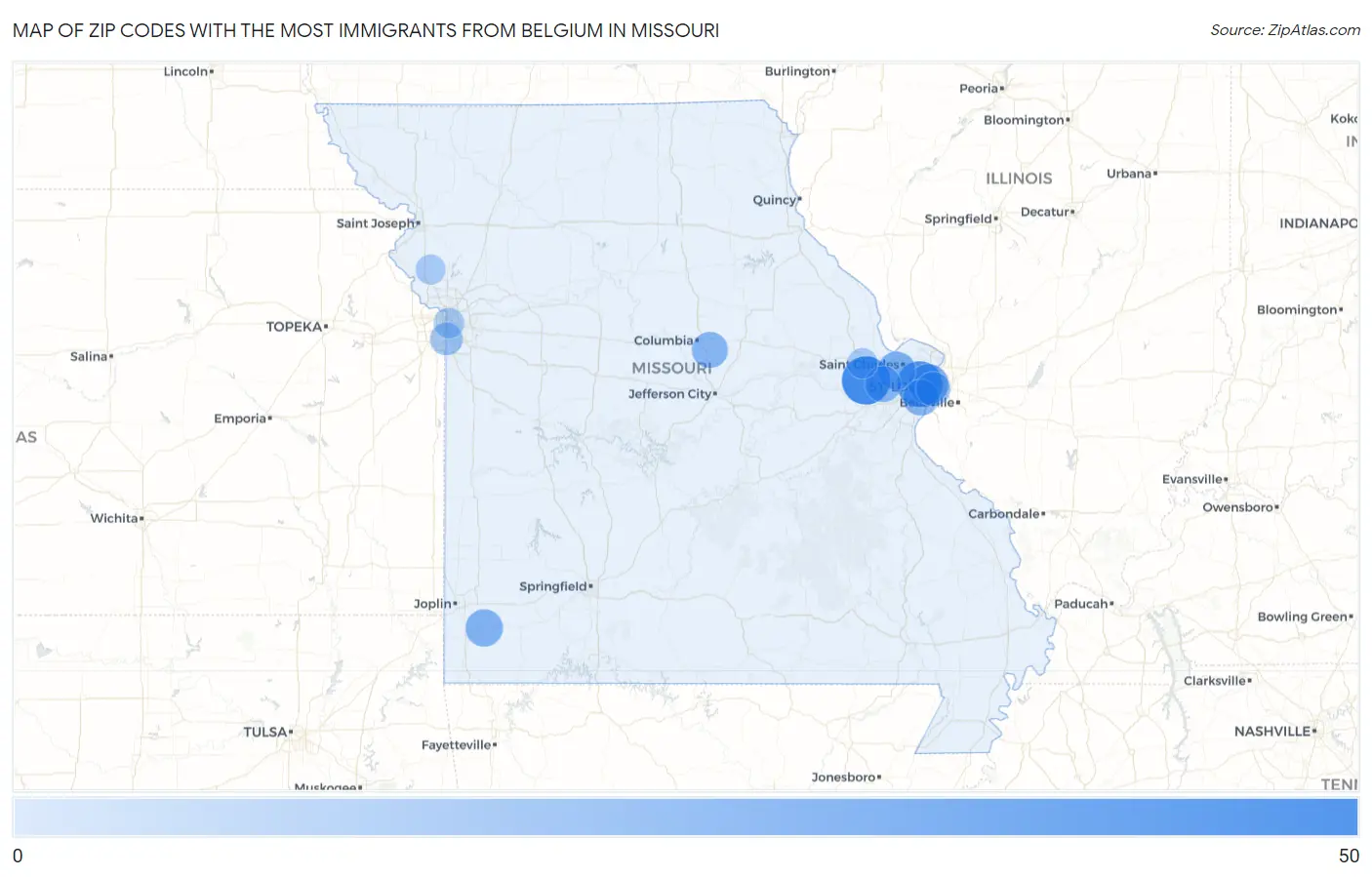 Zip Codes with the Most Immigrants from Belgium in Missouri Map