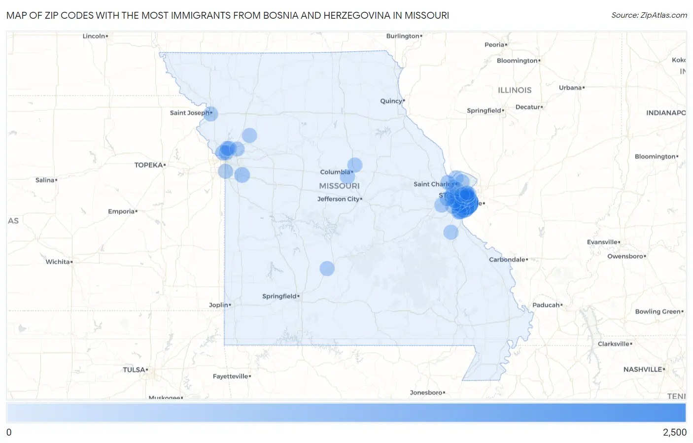 Zip Codes with the Most Immigrants from Bosnia and Herzegovina in Missouri Map