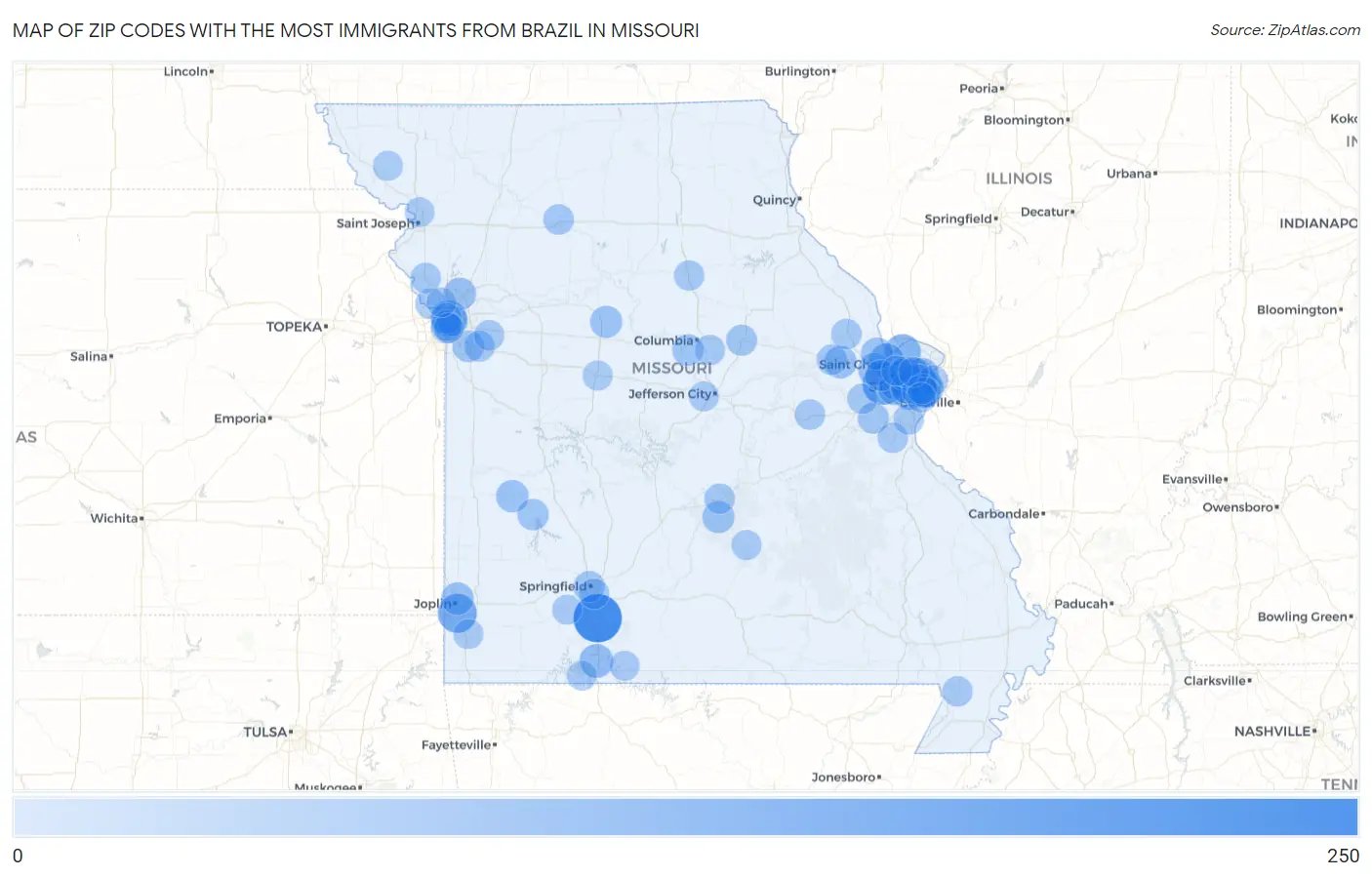 Zip Codes with the Most Immigrants from Brazil in Missouri Map