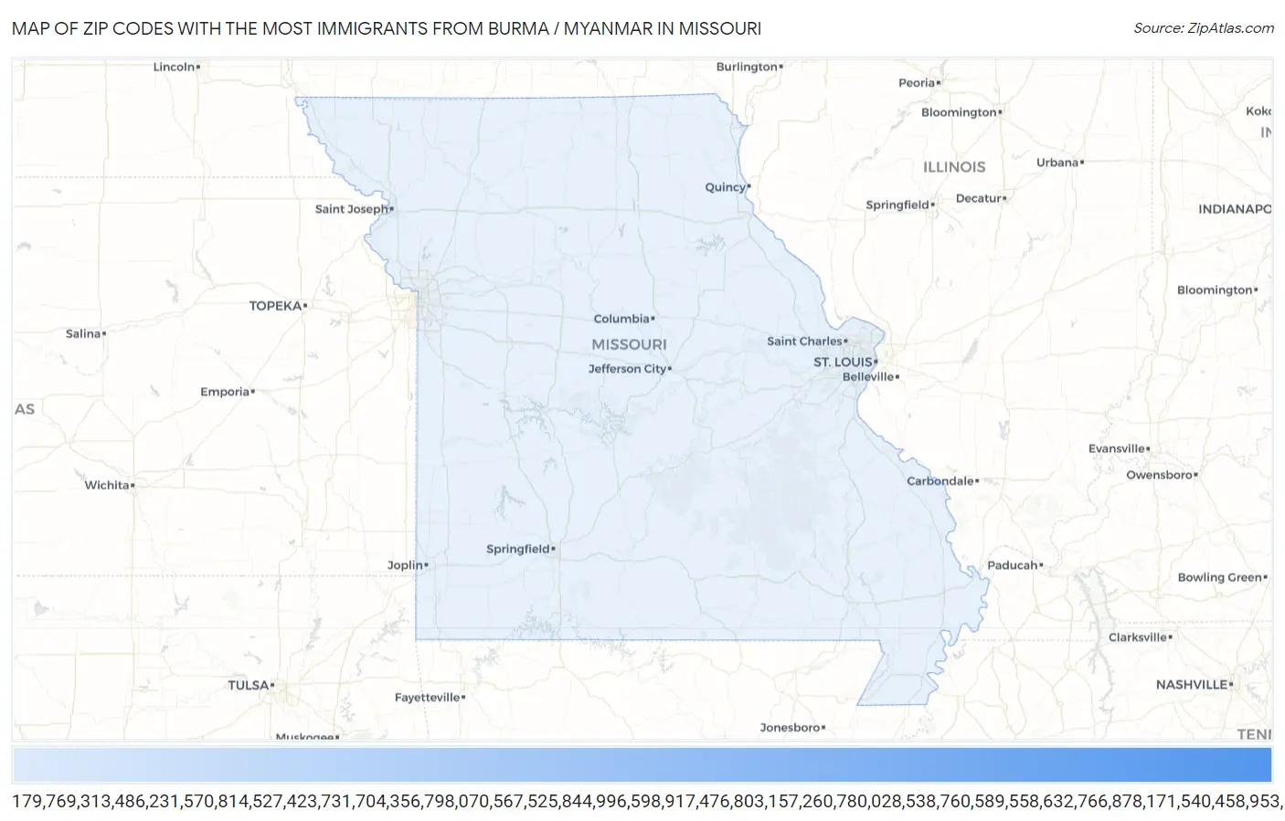Zip Codes with the Most Immigrants from Burma / Myanmar in Missouri Map