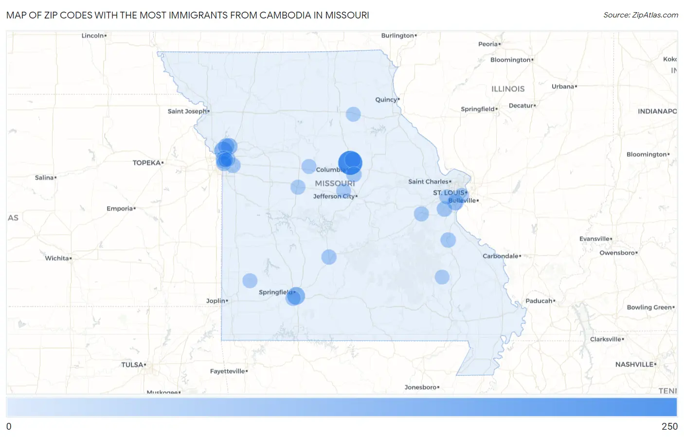 Zip Codes with the Most Immigrants from Cambodia in Missouri Map