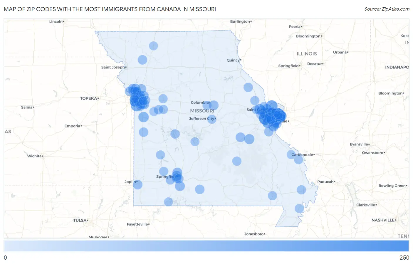 Zip Codes with the Most Immigrants from Canada in Missouri Map