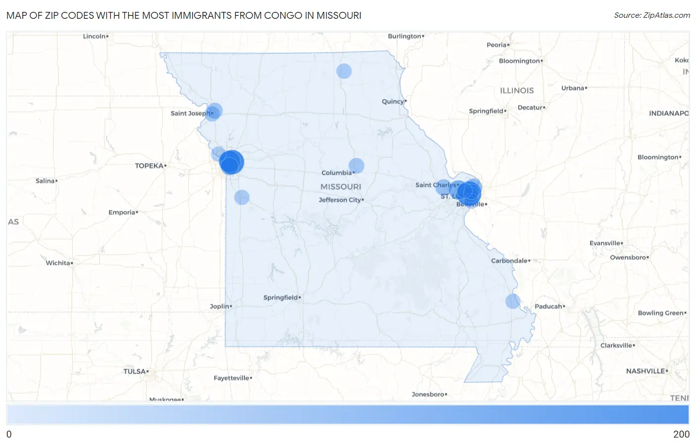 Zip Codes with the Most Immigrants from Congo in Missouri Map