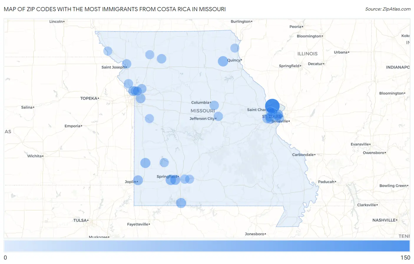 Zip Codes with the Most Immigrants from Costa Rica in Missouri Map