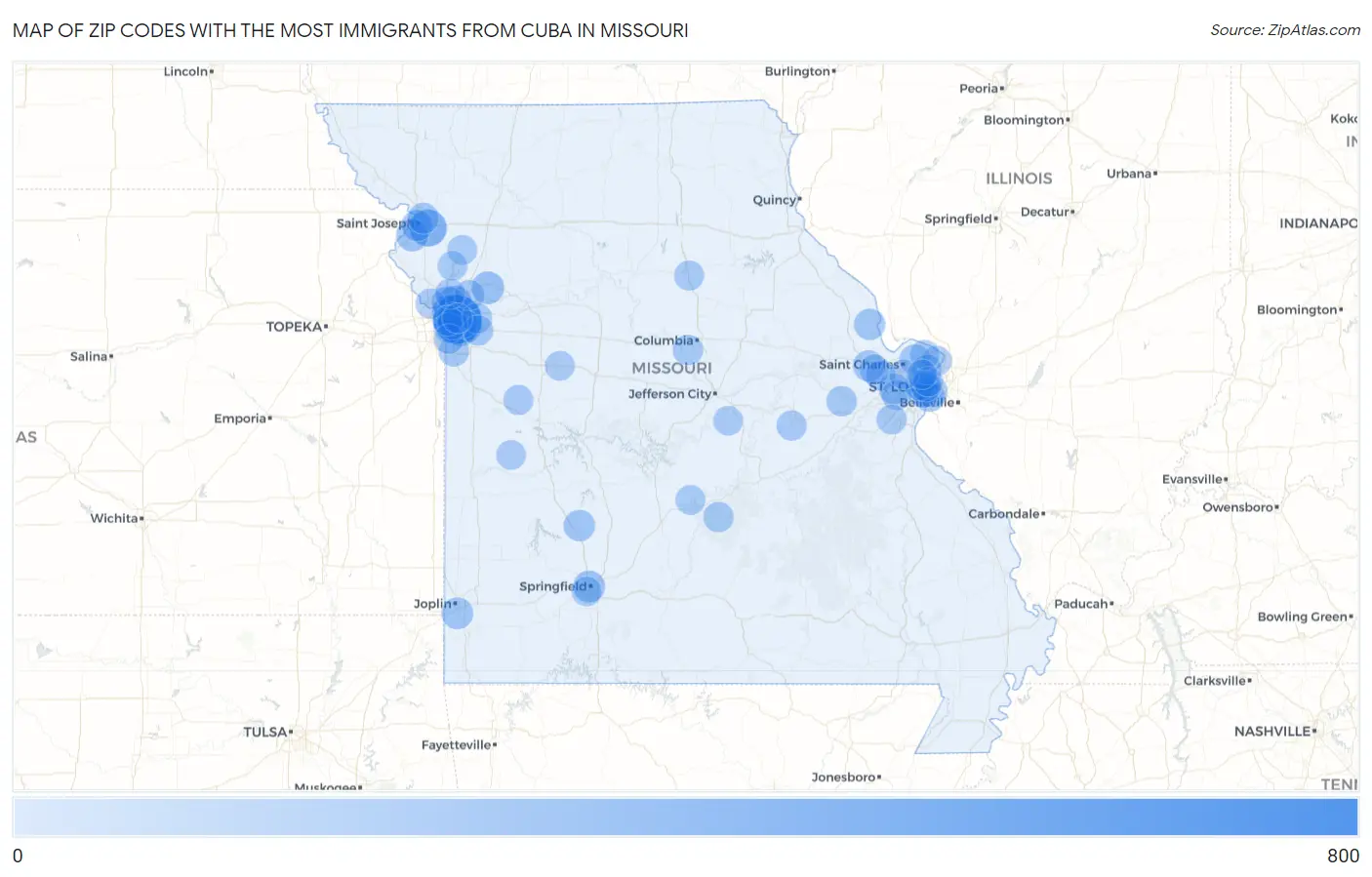 Zip Codes with the Most Immigrants from Cuba in Missouri Map