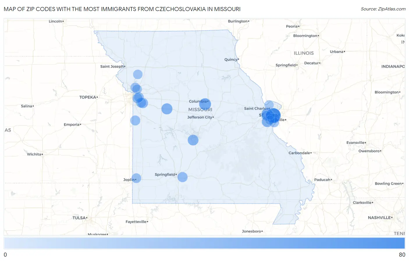 Zip Codes with the Most Immigrants from Czechoslovakia in Missouri Map