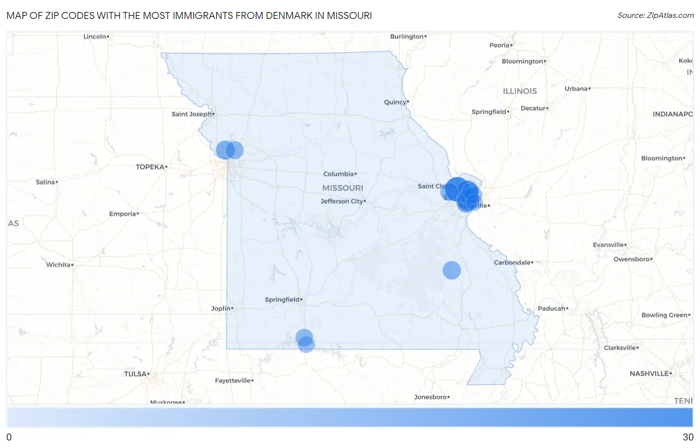 Zip Codes with the Most Immigrants from Denmark in Missouri Map