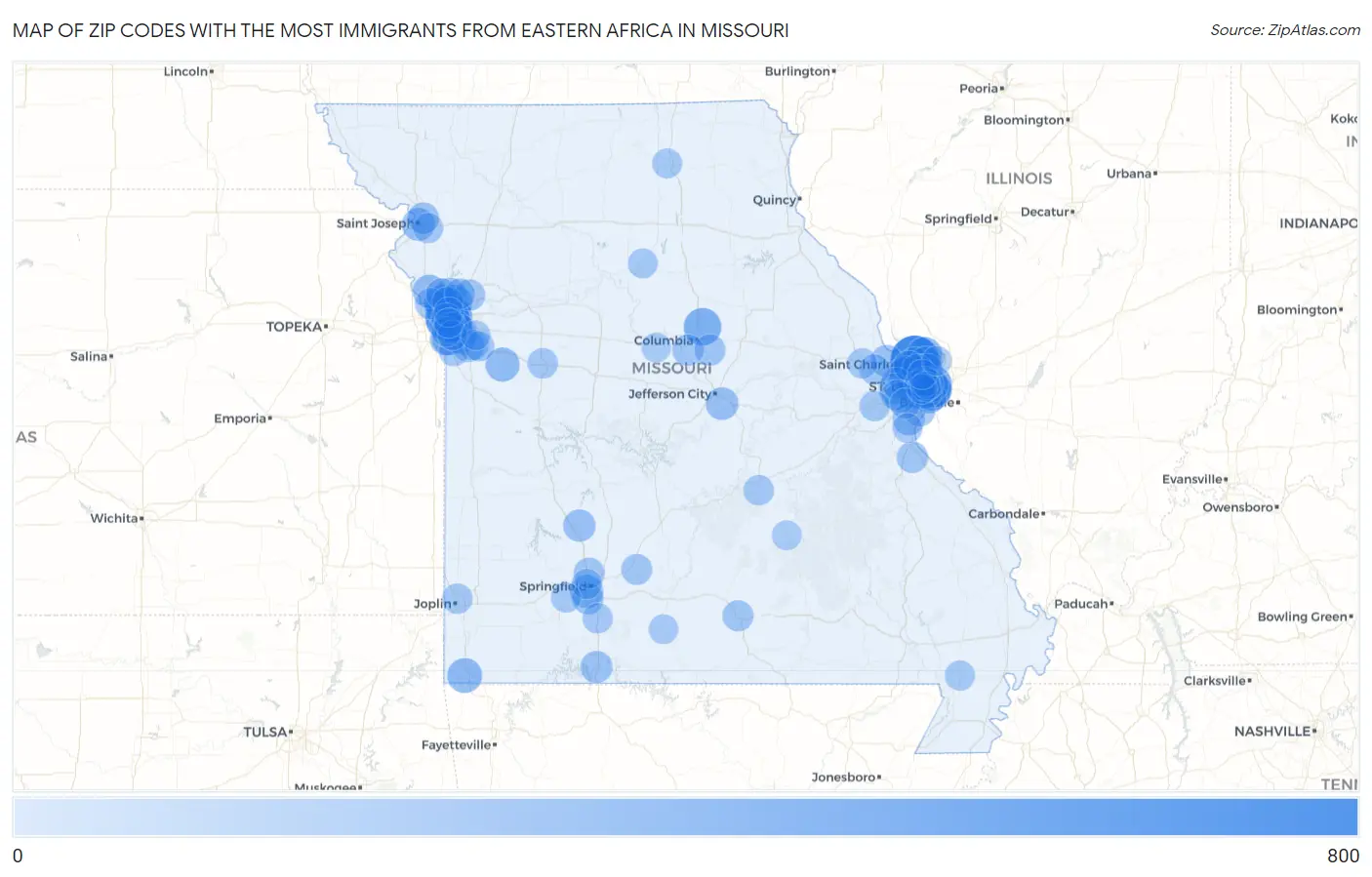 Zip Codes with the Most Immigrants from Eastern Africa in Missouri Map