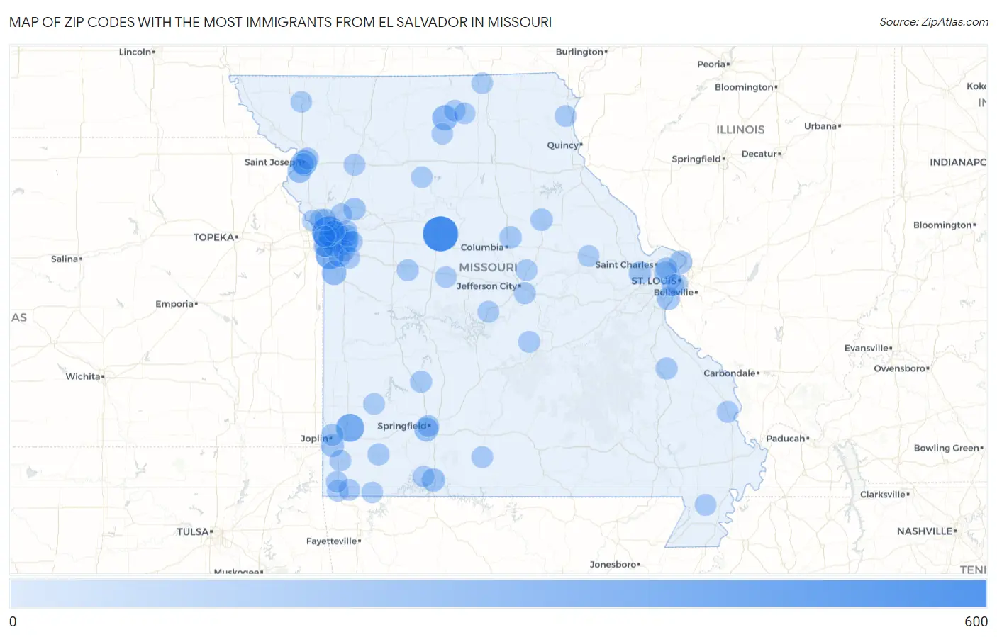 Zip Codes with the Most Immigrants from El Salvador in Missouri Map