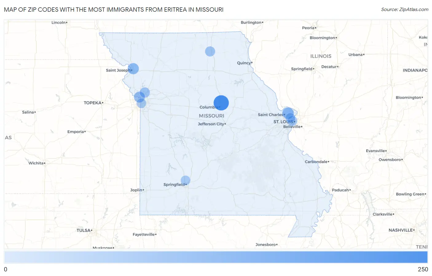 Zip Codes with the Most Immigrants from Eritrea in Missouri Map