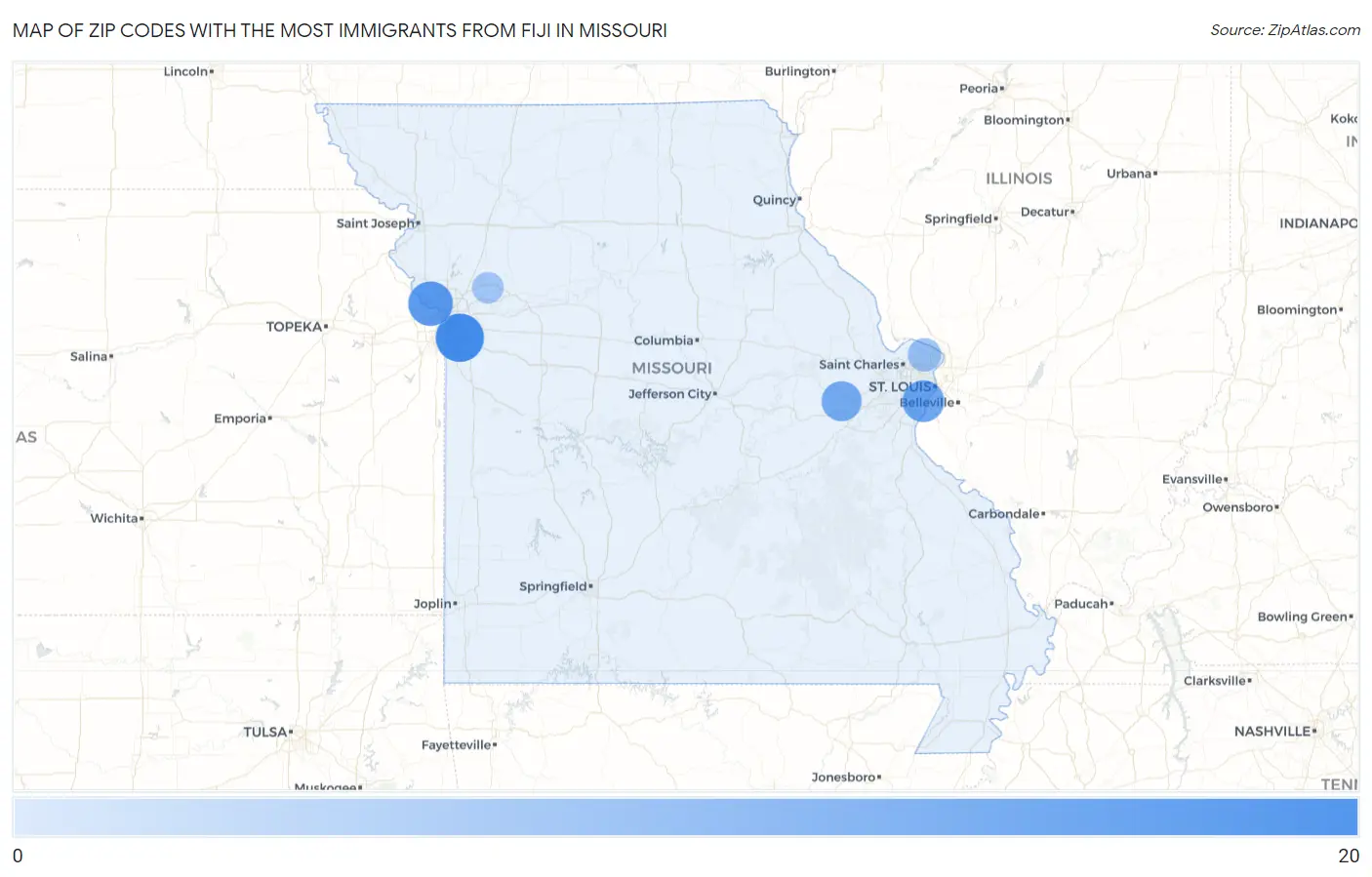 Zip Codes with the Most Immigrants from Fiji in Missouri Map