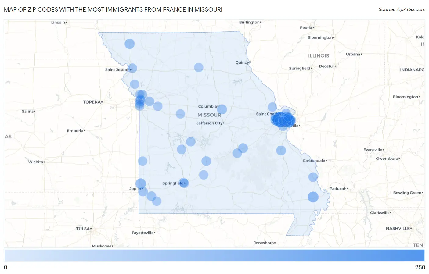 Zip Codes with the Most Immigrants from France in Missouri Map