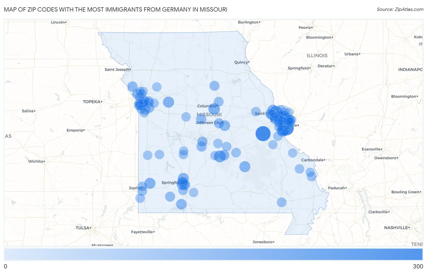 Zip Codes with the Most Immigrants from Germany in Missouri Map