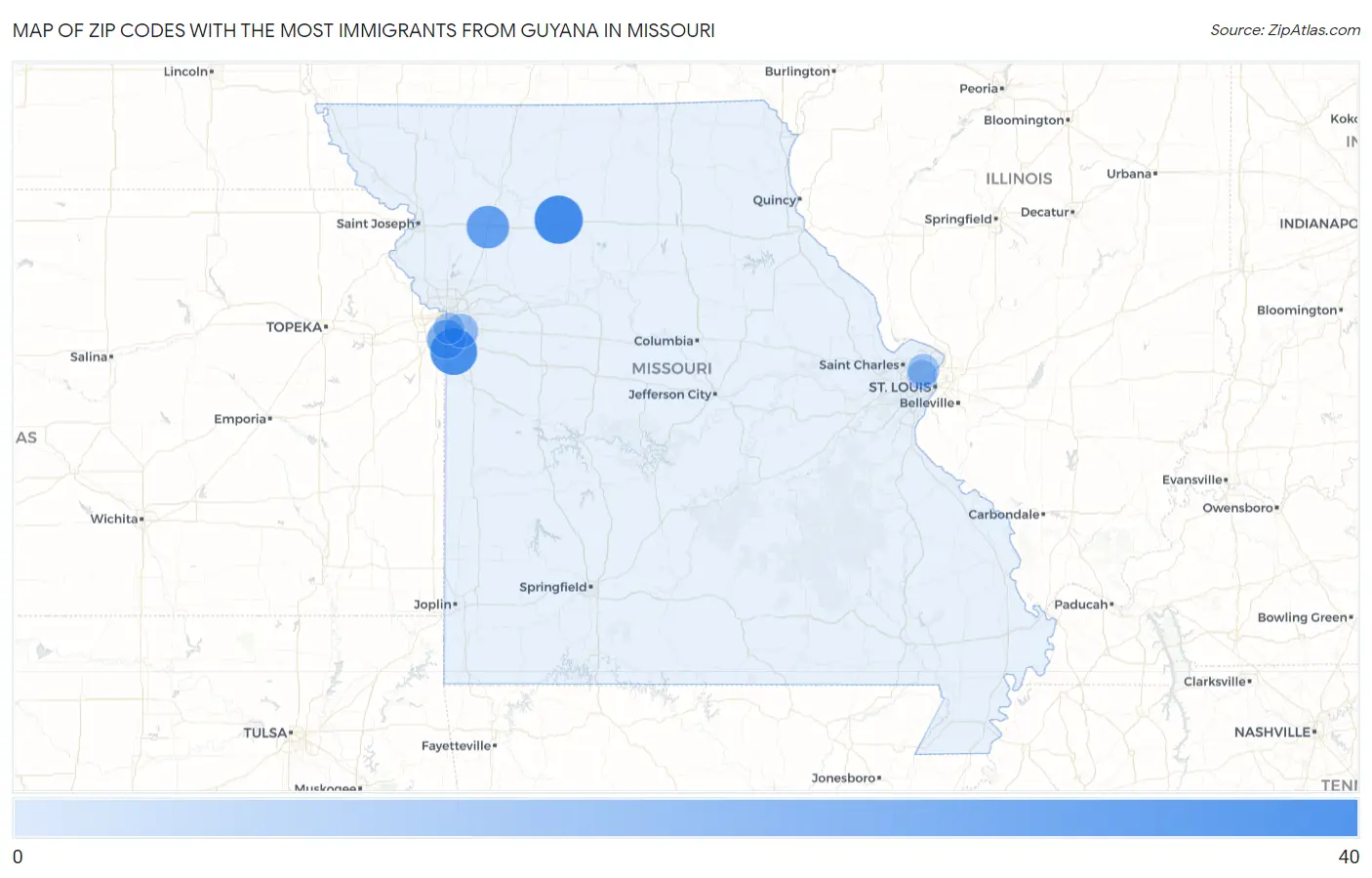 Zip Codes with the Most Immigrants from Guyana in Missouri Map