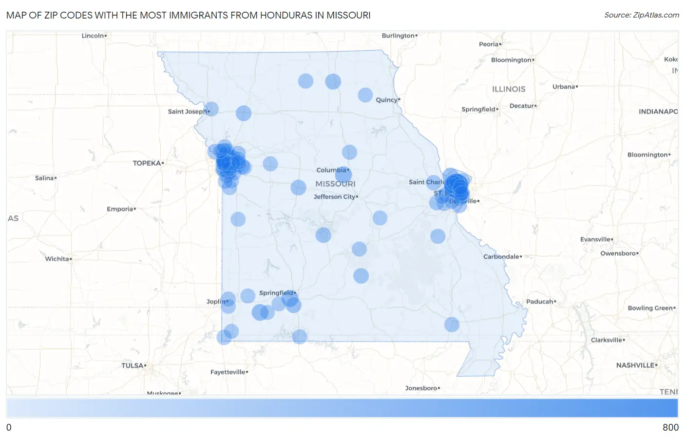 Zip Codes with the Most Immigrants from Honduras in Missouri Map