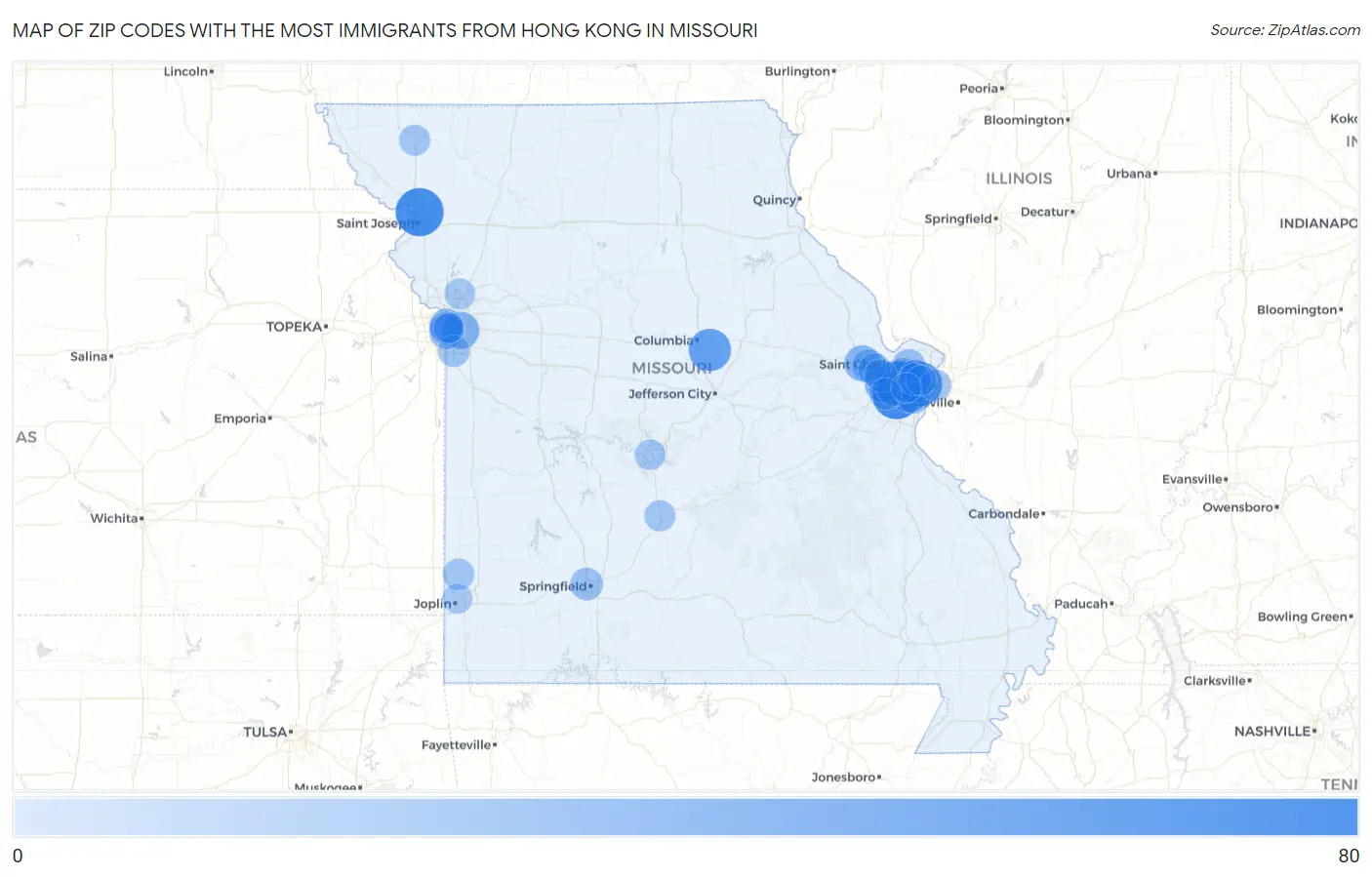 Zip Codes with the Most Immigrants from Hong Kong in Missouri Map