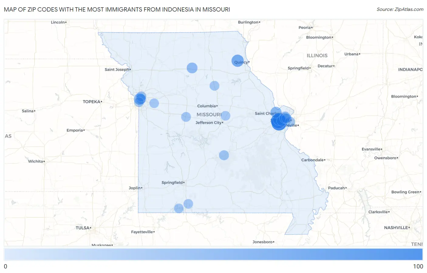 Zip Codes with the Most Immigrants from Indonesia in Missouri Map