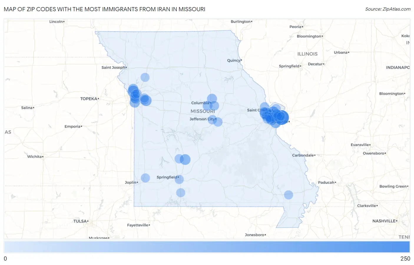 Zip Codes with the Most Immigrants from Iran in Missouri Map