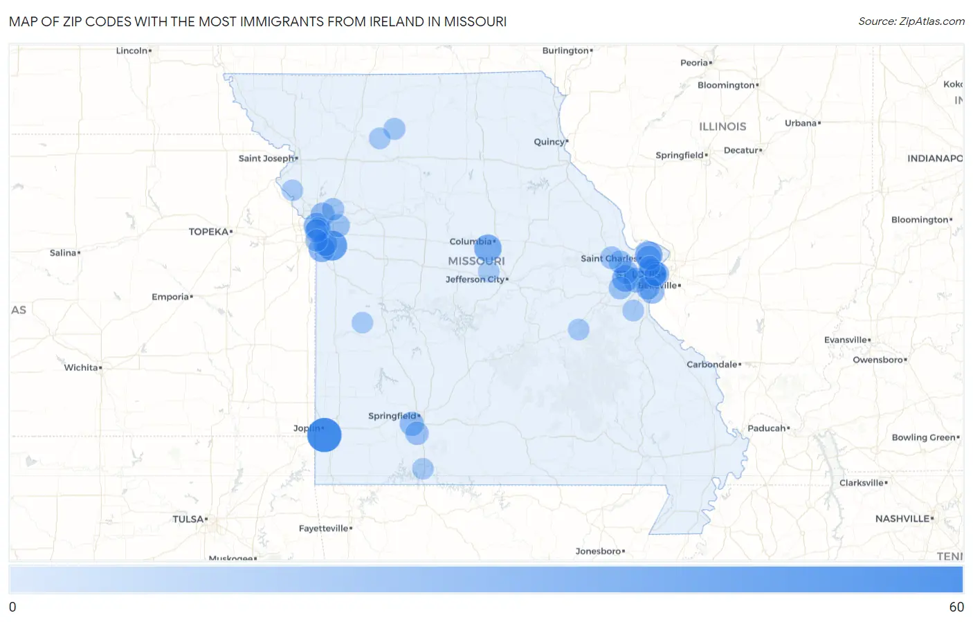 Zip Codes with the Most Immigrants from Ireland in Missouri Map