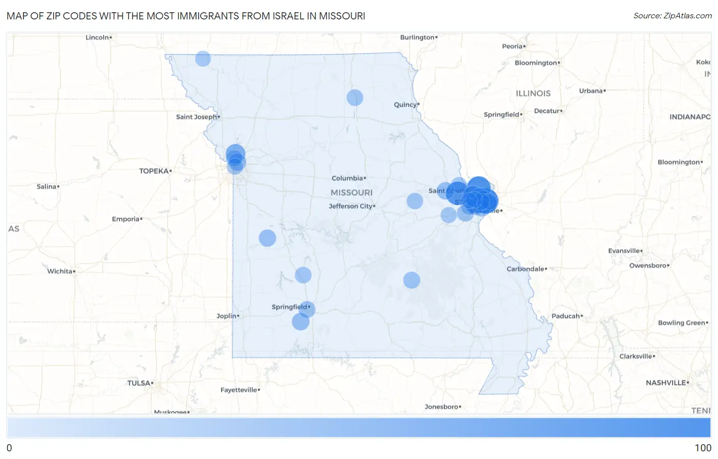 Zip Codes with the Most Immigrants from Israel in Missouri Map