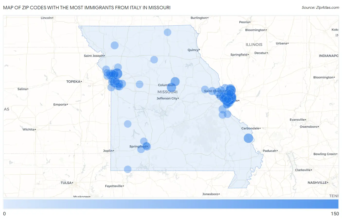 Zip Codes with the Most Immigrants from Italy in Missouri Map