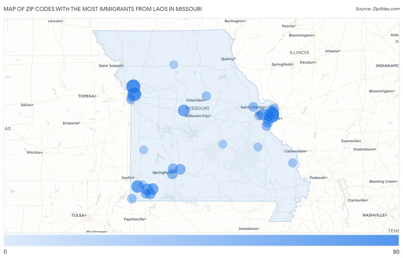 Zip Codes with the Most Immigrants from Laos in Missouri Map