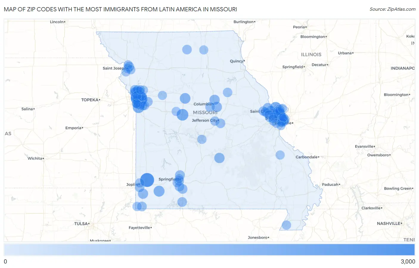 Zip Codes with the Most Immigrants from Latin America in Missouri Map