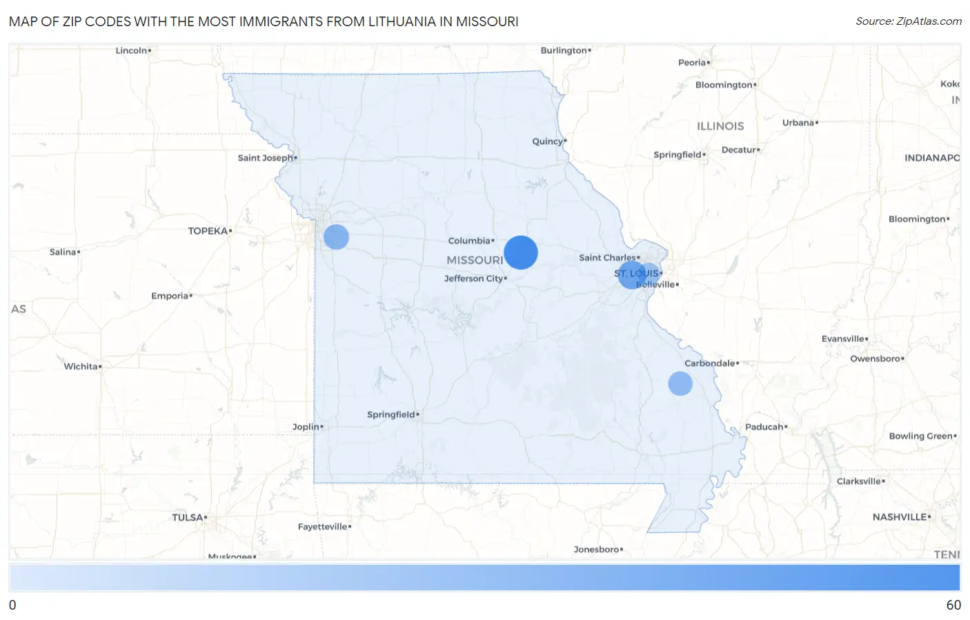 Zip Codes with the Most Immigrants from Lithuania in Missouri Map