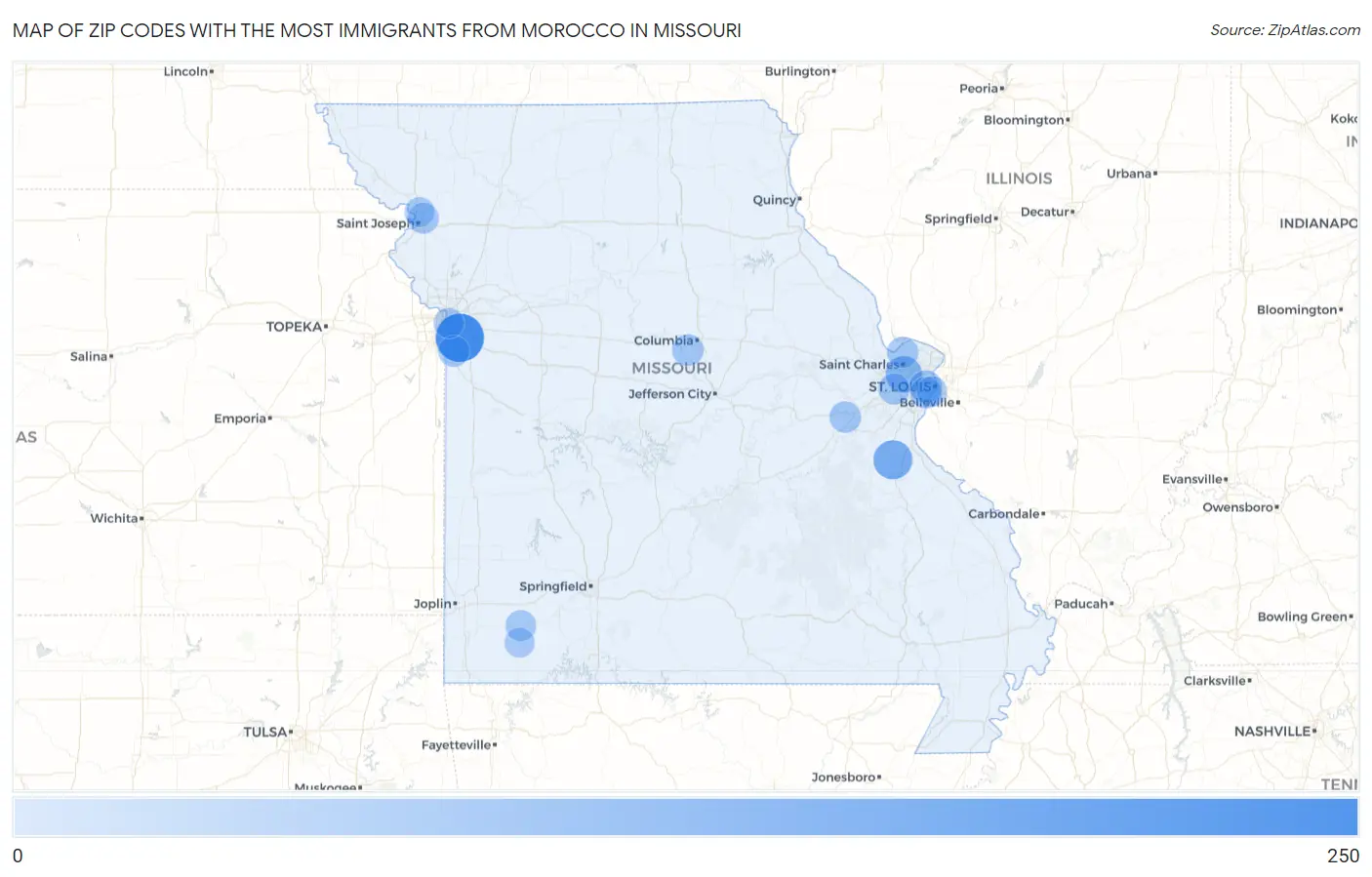 Zip Codes with the Most Immigrants from Morocco in Missouri Map