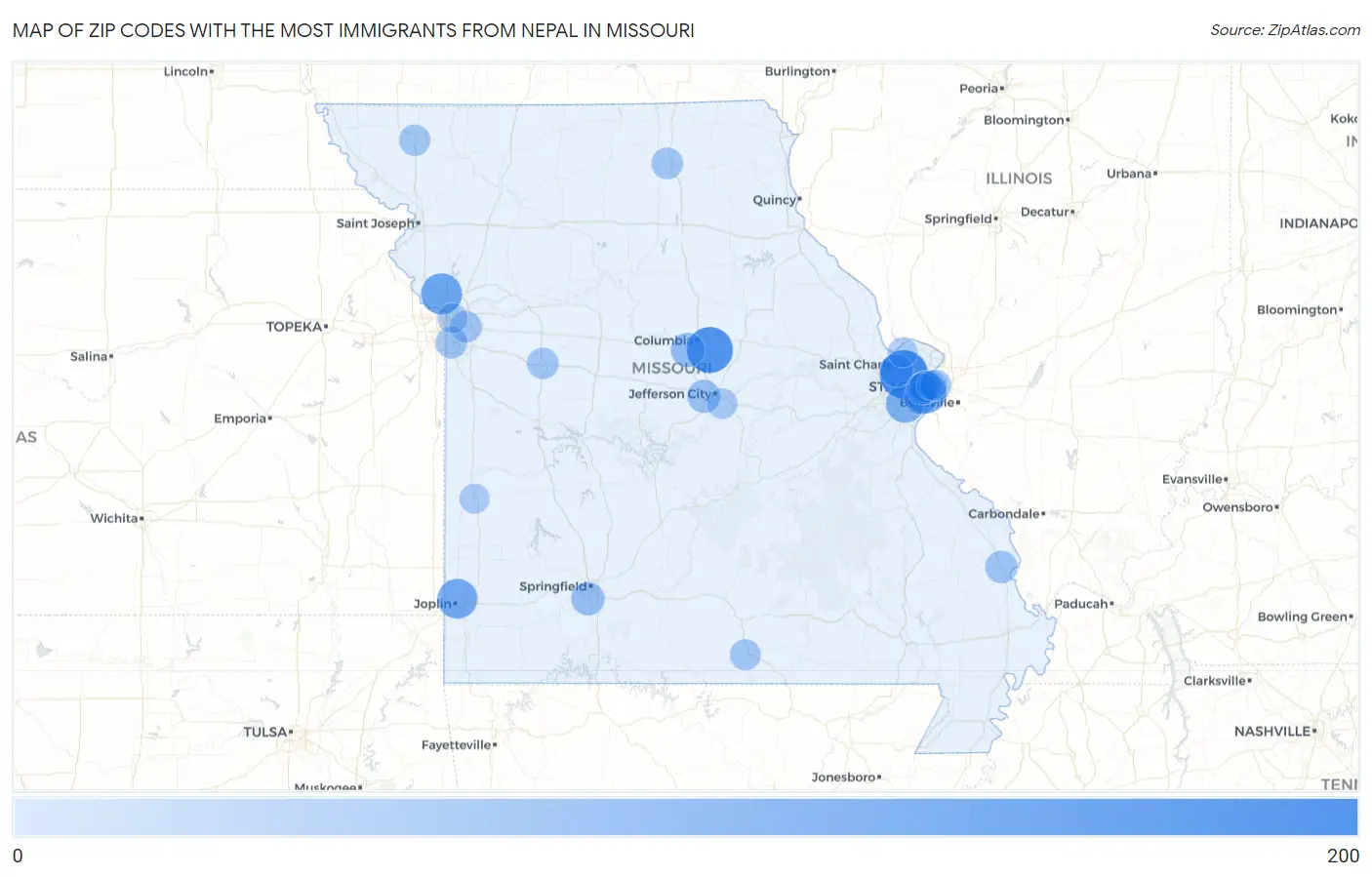 Zip Codes with the Most Immigrants from Nepal in Missouri Map