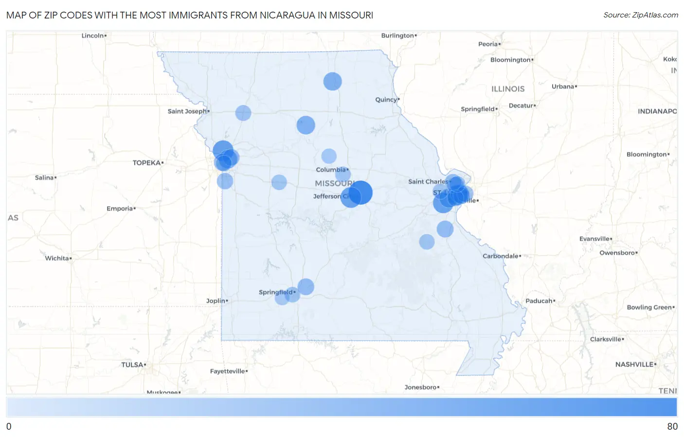 Zip Codes with the Most Immigrants from Nicaragua in Missouri Map