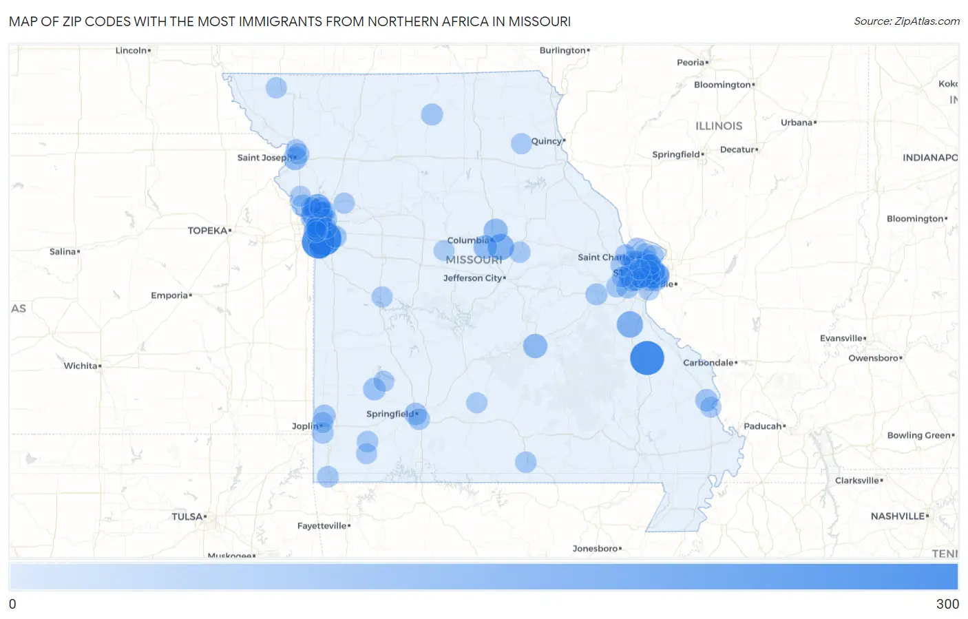 Zip Codes with the Most Immigrants from Northern Africa in Missouri Map