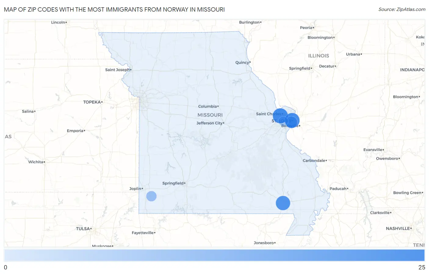 Zip Codes with the Most Immigrants from Norway in Missouri Map