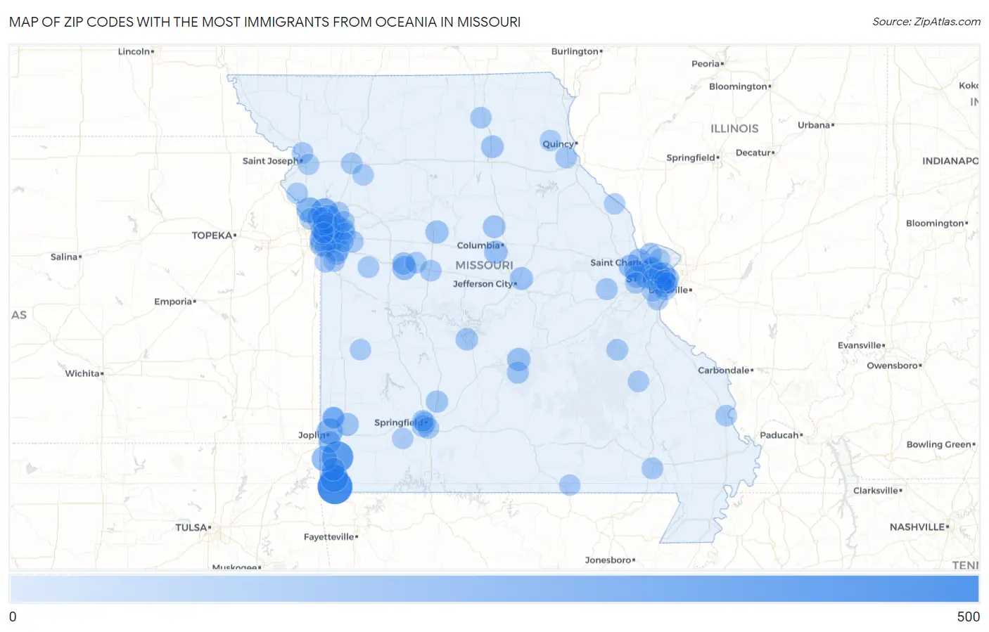 Zip Codes with the Most Immigrants from Oceania in Missouri Map