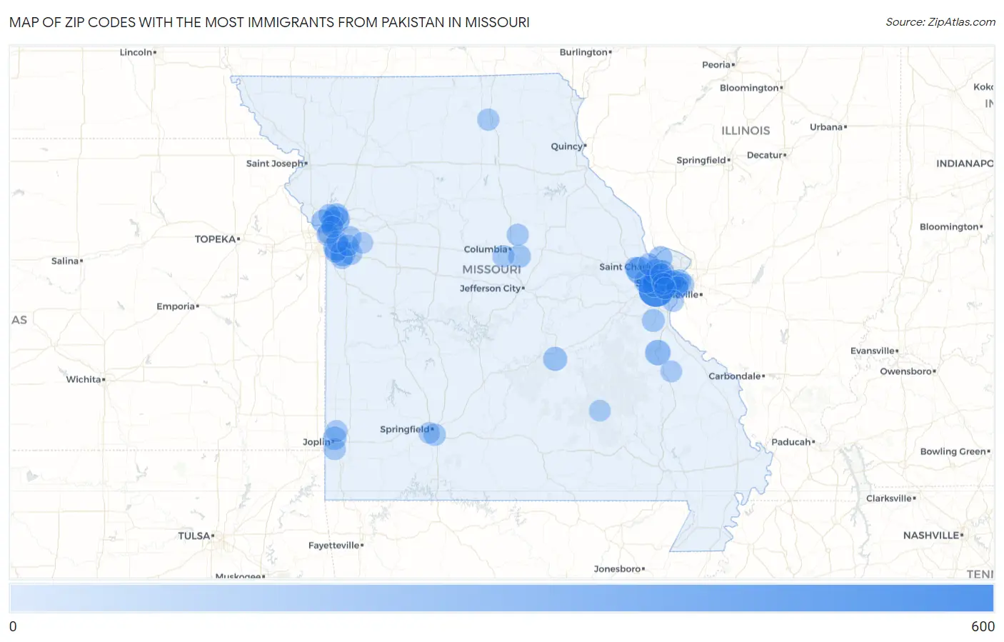 Zip Codes with the Most Immigrants from Pakistan in Missouri Map
