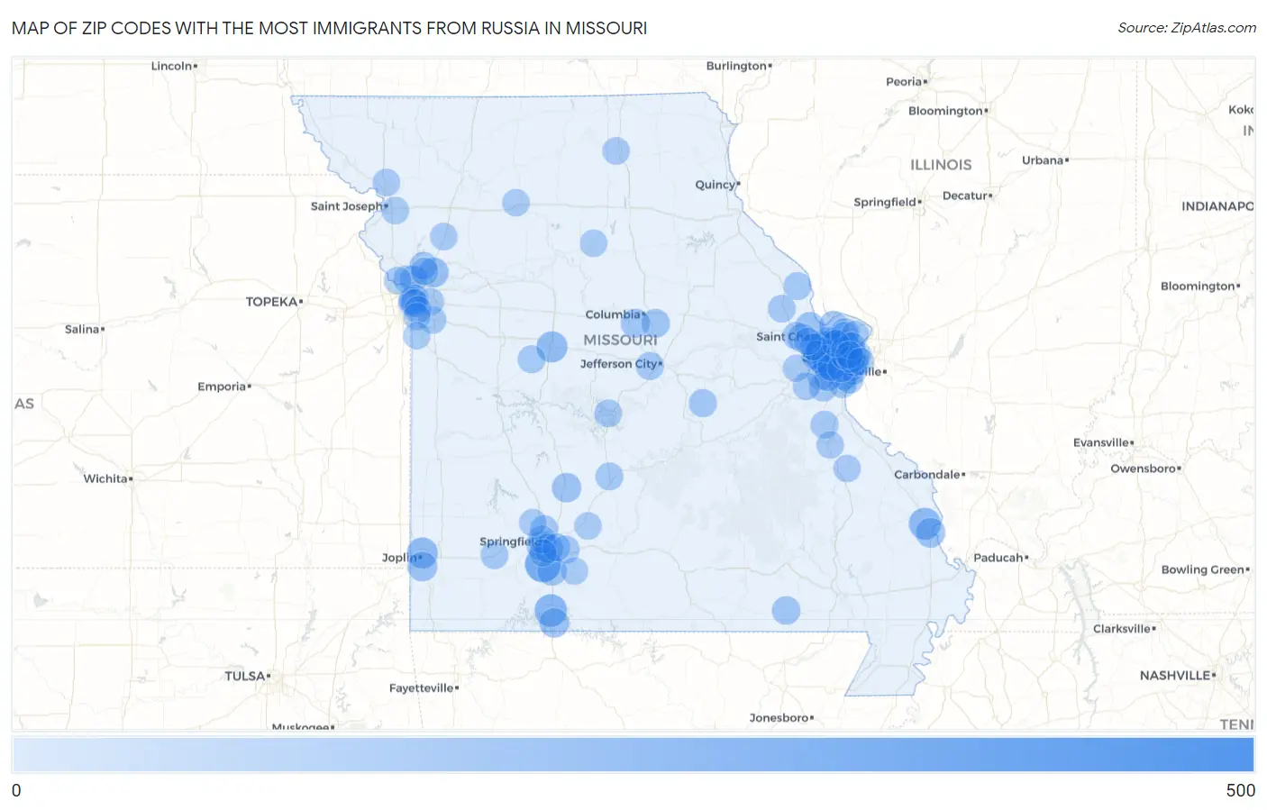 Zip Codes with the Most Immigrants from Russia in Missouri Map